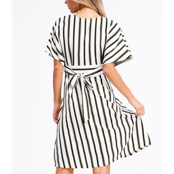 Olive Stripe Button Down Plunging VNeck Midi Dress - Picture 6 of 8